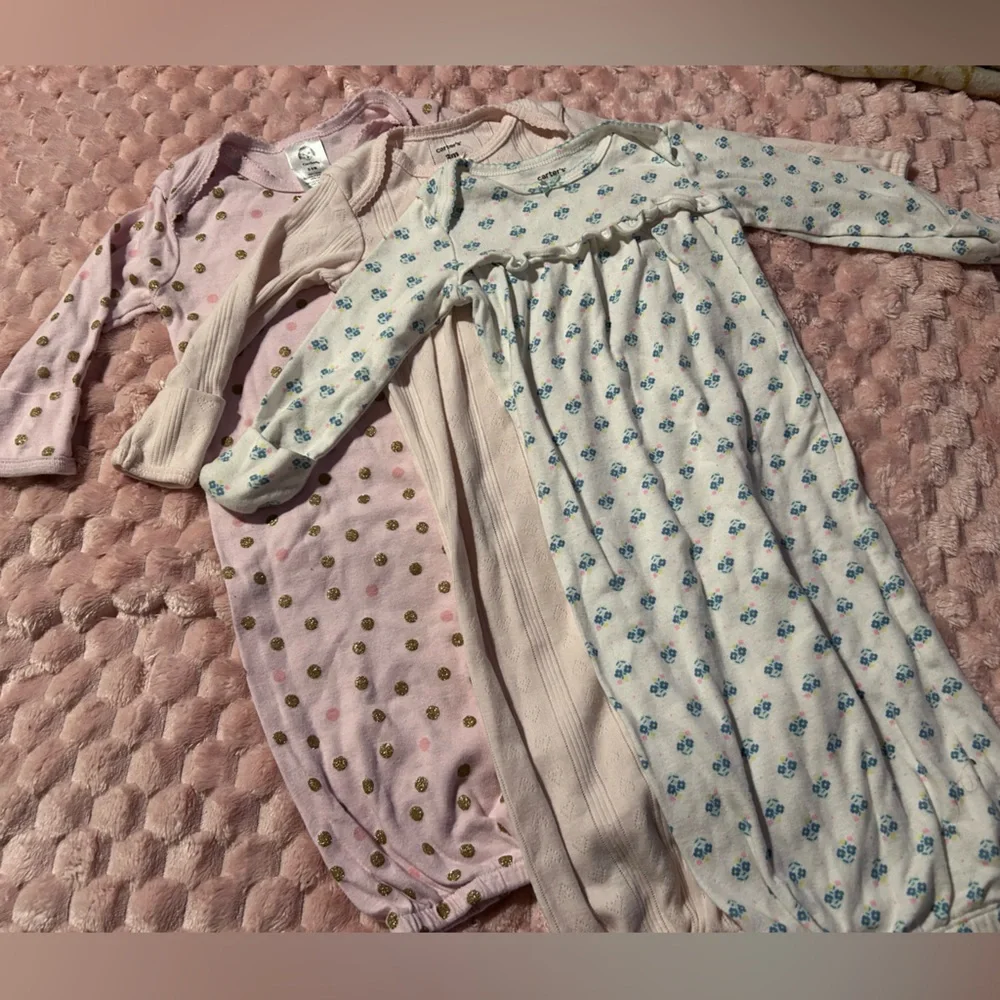 Bundle of 3 Gowns 2-Carter's & 1-Gerber Infant Baby Gown 0-3 months